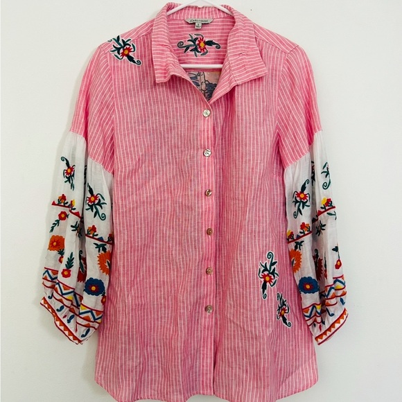 John Mark Pink Striped Button-Up with Embroidered Sleeves - Picture 1 of 4